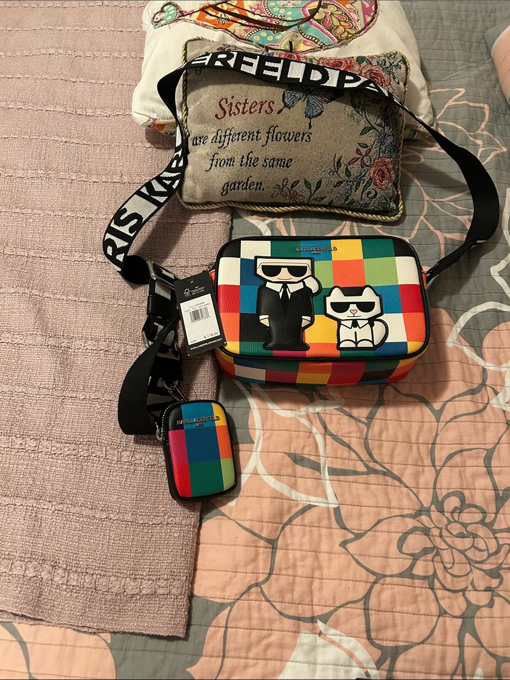 Karl Lagerfeld Rainbow Check Crossbody Camera Bag with Pouch